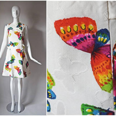 vtg 60s John Alden rainbow butterfly cutout mod gogo dress | raised butterfly brocade 1960s | womens white shift | animal novelty print 