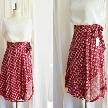 1970s Indian Block Print Wrap Midi Skirt | Vintage Red Cotton Wrap Skirt 
