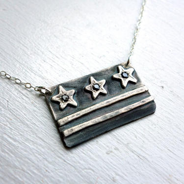 Black and White District of Columbia Flag Necklace with Three Black Diamonds DC Flag 