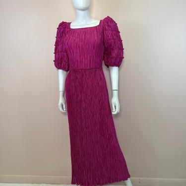 Vtg 1980s fabulous fuchsia pleated Mary McFadden Couture maxi dress 