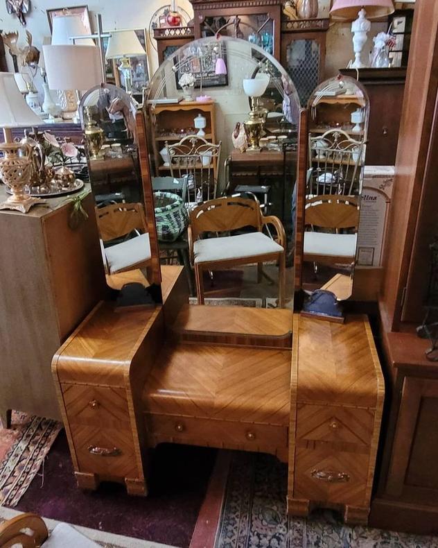 Five Drawer Triple Mirror Deco Waterfall Vanity with Stool and Blue Glass Ornaments, 