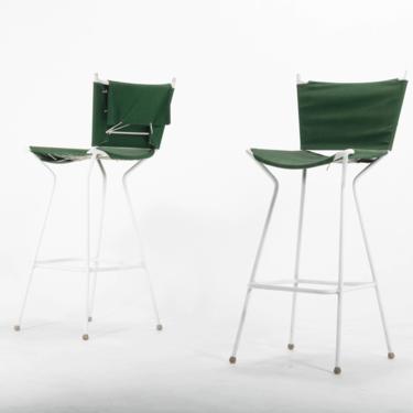 Set of Two (2) Mid Century Modern Bar Height Barstools in Forest Green Canvas on Wrought Iron Metal Frames 