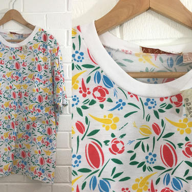 Vintage Lane Bryant Floral Tshirt Primary Red Yellow Blue Green Summer Short Sleeved Chest Pocket Women Plus Size XXL Curvy Volup NOS 22 24 