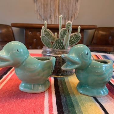 Set of 2 Vintage Green Duck Planters 