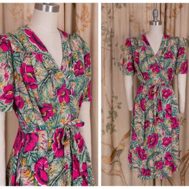 1940s Dress - Hibiscus Tickle - Glorious 40s Wrap Dress with Killer Ostrich Feather and Hibiscus Print 
