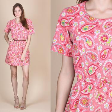 70s Coral Pink Paisley Floral Mini Dress - Small | Vintage Boho Short Sleeve Girly Dress 