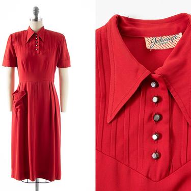 Vintage 1940s Dress | 40s Red Rayon Gabardine Dagger Collar Pintuck Sheath Holiday Dress with Pockets (small) 