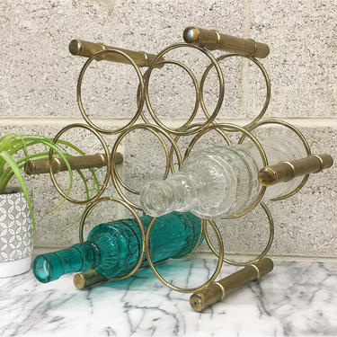 Vintage Wine Rack Retro 1980s Gold Metal Frame + Holds 7 Bottles + Bohemian Style + Table Top + Drink Storage + Home and Kitchen Decor 