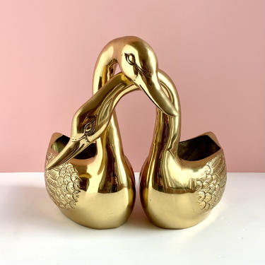 Pair of Large Brass Swan Planters 