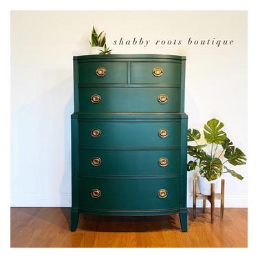 NEW! Emerald green tall dresser chest of drawers - vintage antique mahogany bow front with gold handles - San Francisco CA by Shab