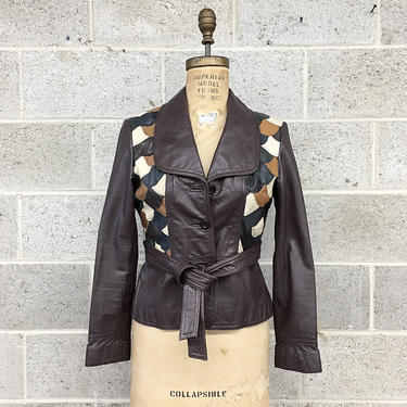 Vintage Leather Jacket Retro 1970s Partners From Mervyn's + Size Large + Brown + Multi Color + Patchwork + Bohemian + Women's Apparel 
