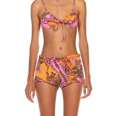 1970S Orange  Pink Ethnic Paisley Poly Blend High-Waisted Bikini Swimsuit 