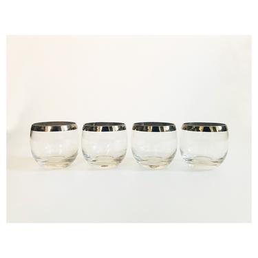 Large Mid Century Silver Rimmed Roly Poly Glasses / Set of 4 