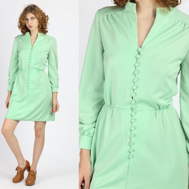 70s Mint Green Button Front Mini Dress - Extra Small | Vintage Leslie Fay Long Sleeve Dress 