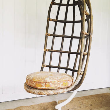 Mid-Century Woven Hanging Nest Chair with Original Metal Base 
