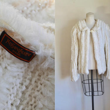 Vintage 1970s YSL Yves SAINT LAURENT white knit jacket / cardigan // size M-L 
