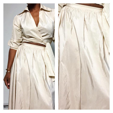 Vintage 1980s 1990s 90s Skirt Set Separates Two Piece Dress Minimal Wrap Top Collar Tie Front Blouse Maxi Gown Silk Satin Medium M 