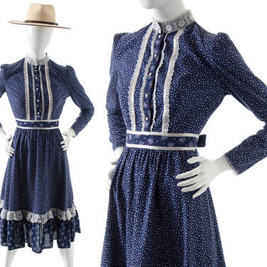 Vintage 1970s Dress | 70s Gunne Sax Style Blue Floral Calico Cotton Cottagecore Bohemian Prairie Midi Dress (small/medium) 