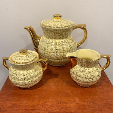Vintage Hall China Drip-O-Lator Coffee Pot, Sugar and Creamer Set Made For The Enterprise Aluminum Co Mid Century Modern Yellow and Gold 