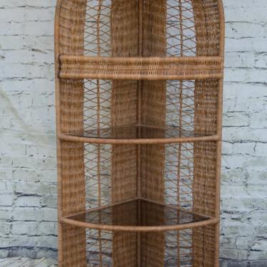 SHIPPING NOT FREE!!! Vintage Wicker Corner Shelf with  Removable Glass Shelves 