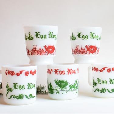 Vintage Egg Nog Mugs | Mixed Set of Hot Toddy Cups | 1950s Christmas Mugs Irish Coffee Style | Milk Glass w/ Red &amp; Green Illustrations 