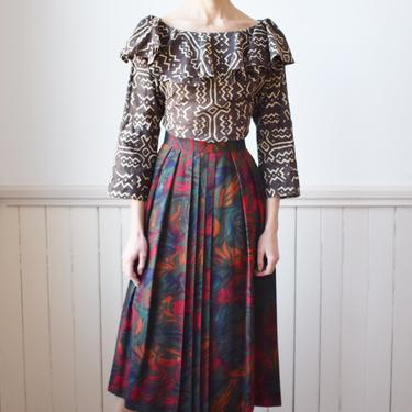 Vintage 1990s Pleated Wool Jungle Print Midi Skirt by Geiger | M 