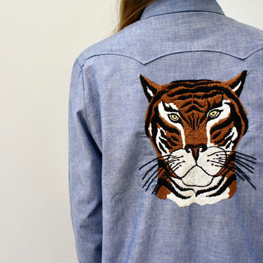 Eye of the Tiger Blouse // vintage 70s denim 1970s boho country cotton hippie blue chambray dress cat embroidered western // O/S 