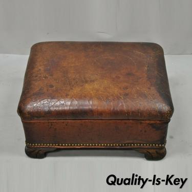 Antique English Brown Distressed Leather Art Deco Club Chair Ottoman Footstool