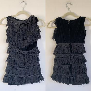 Vintage 1960s Black Velvet Fringed Dress / XS (as is) 
