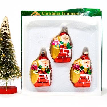 VINTAGE: Glass Santa Figural Ornaments in Box - Christmas Trimmeries Bradford - Glitter Ornament - Hand Decorated - SKU 26 27-C-00013214 