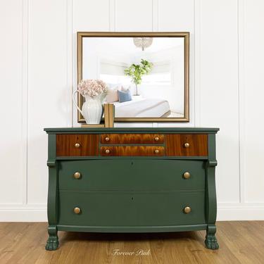 NEW - Antique Dresser with Mirror, Vintage Green Chest of Drawers with Paw Feet, Empire Bedroom Furniture 