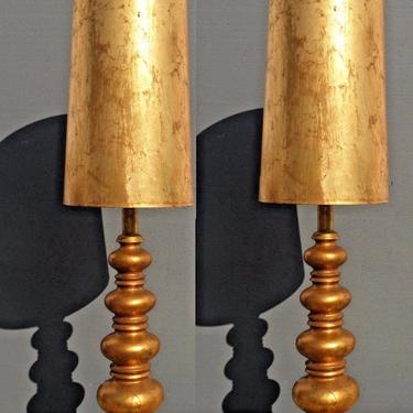 Pair of Vintage Mid Century Modern Hollywood Regency Tall Gold Gilt Table Lamps 