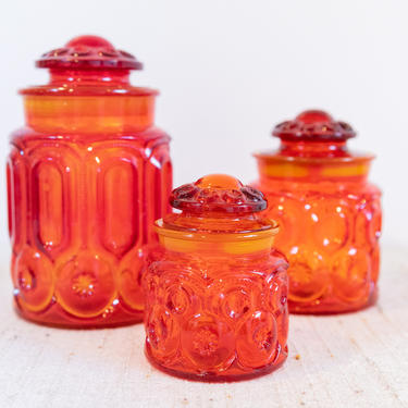 LE Smith Moon and Stars Bright Orange and Red Sunset  Glass Canister Set of 3 
