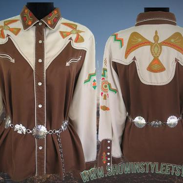Scully Vintage Retro Western Women's Cowgirl Shirt, Bold Embroiderd Thunderbirds, Native American, Tag Size Large (see meas. photo) 