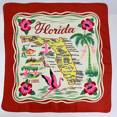 1950'S FLORIDA Tourist Scarf - Traveler's Souvenir - Hibiscus &amp; Flamingo's - Tourist Destinations - 28-1/2 x 29-1/2 Inches 