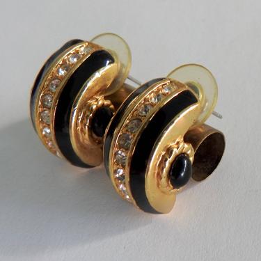 Swarovski Deco Revival Black Gold Rhinestone Pierced Earrings 