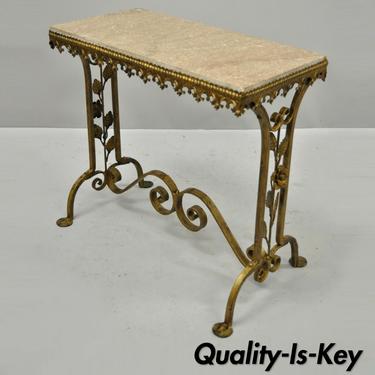 Antique French Art Nouveau Style Pink Marble Top Gold Wrought Iron Side Table
