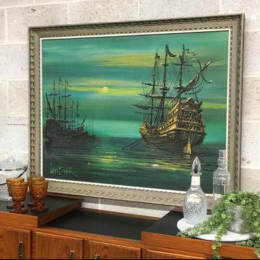 Vintage Lee Burr Print 1960s Retro Size 35x45 Mid Century Modern + Mystic Galleons + Ship Art + Signed by Artist + MCM Home and Wall Decor 