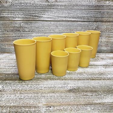 Vintage Tupperware Cups, 9 Harvest Gold Stackable Tumblers, 1970's Kitchen Cups, Mid Century Modern, Retro Tupperware Party, Vintage Kitchen 