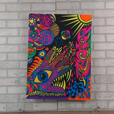 1970s Vintage Blacklight Poster Psychedelic Collage Hand Eye 1970&#39;s Pin-up Rainbow WC #101 