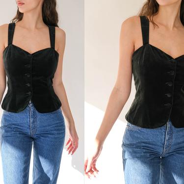 Vintage 70s Synonyme De Georges Rech Paris Black Velvet Button Up Corset Top | Made in France | 100% Cotton | 1970s Designer Crop Tank Top 