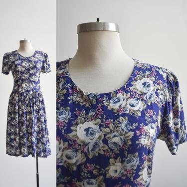 80s Blue Floral Day Dress 