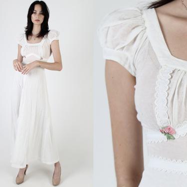 Vintage 40s Antique Edwardian Dress / Thin White Cotton Nightgown / Delicate Old Fashion Farm Dress / Womens Garden Lawn Prairie Maxi 