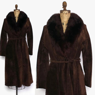 Vintage 70s SUEDE COAT / 1970s Belted Brown Leather Fluffy SHEARLING Fur Collar Trench by luckyvintageseattle