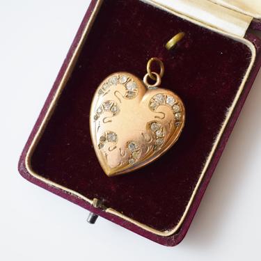 Antique Gold Heart Shaped Locket with Rhinestones | 1900-1910 Edwardian Art Deco Photo Locket 