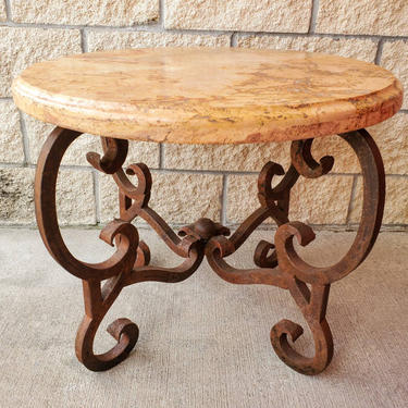 Vintage French Scrolled Iron Travertine Stone Top Gueridon Table 