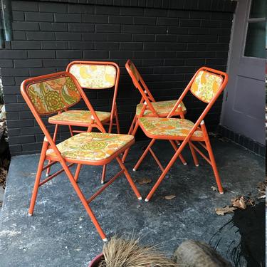 Mid-Century Flower Power Retro Folding Chairs Orange Card Table Dining Apartment Kitchen Nook 