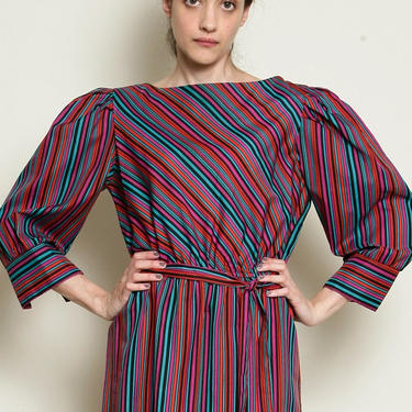 Secretary Dress 1970s 70s Vintage Striped diagonal stripe stripes Sash Belt 3/4 sleeves below the knee midi M MEDIUM 