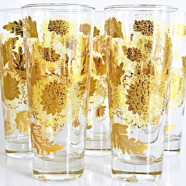 Mid century modern 22K gold & yellow floral glassware 5 Tom collins cocktail glasses Hollywood regency bar tumblers Tall ice tea glasses 