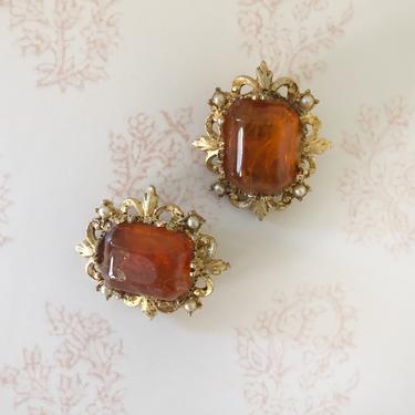 Vintage Ornate Amber-Colored Glass and Gold-Toned Clip-On Earrings - 1960s 
